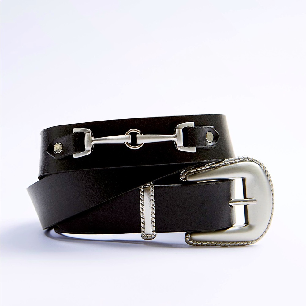 Zara Black Silver Leather Contrast Belt Accessory